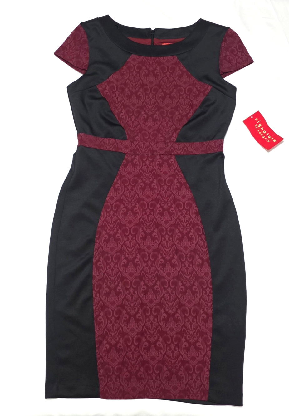 NWT Signature by Sangria Sheath Dress Size 4 Merlot Black Damask Jacquard Bodyco